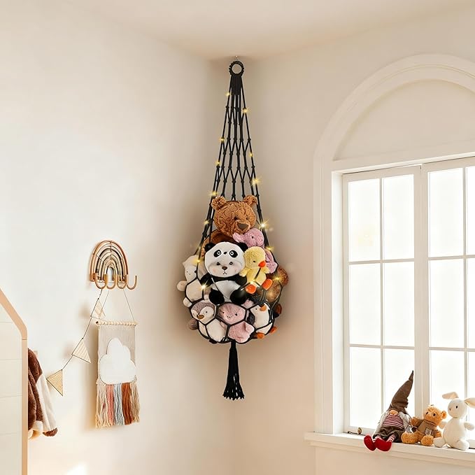 Stuffed Animal Hammock Corner Net with LED Light Plushies Storage Hammock for Stuffed Animals Boho Room Decor Macrame Wall Decor
