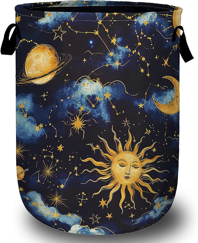 Sun Moon Laundry Basket, Foldable Cloudy Starry Night Laundry Hamper Tote Bag Dirty Clothes Storage Bucket Toy Organizer for Bathroom/Laundry/Bedroom 15.7"x19.6"