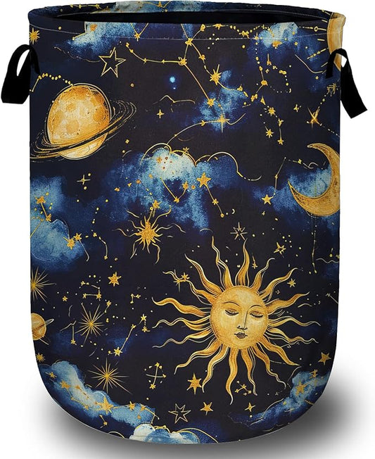 Sun Moon Laundry Basket, Foldable Cloudy Starry Night Laundry Hamper Tote Bag Dirty Clothes Storage Bucket Toy Organizer for Bathroom/Laundry/Bedroom 15.7"x19.6"
