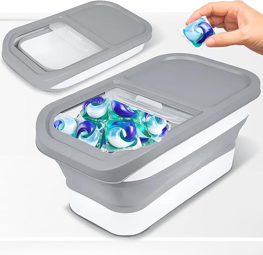 Skywin Grey Modern Expandable Laundry Pod Container, 16.2 x 9.8 x 7.9 In, Holds 11 Pounds OR 120-150 Pods