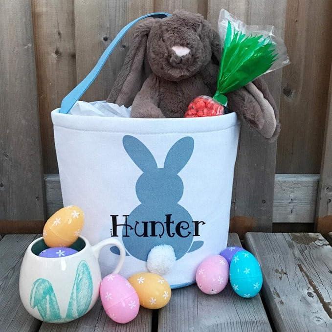 MONOBLANKS Easter Bunny Basket Bags, Rabbit Bucket Tote for Easter Egg Hunts Decorations Candy Gifts Storage (Blue)
