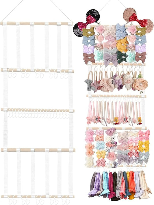 48" X 15" Headband Holder, Baby Headband Organizer w/16Pcs Cotton Ribbons, 40Pcs S Hooks, 1Pc Non-Trace Hook & 1Pc Cotton Rope, Bow Holder for Girls Hair Bows for Wall, Door or Closet