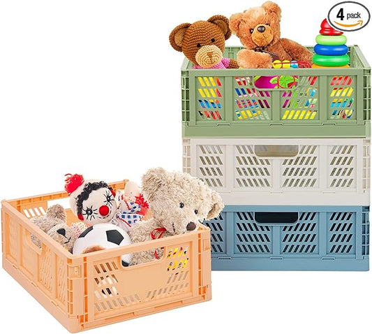 Plastic Drawer Organizer 4-Pack Collapsible Storage Boxes Crate Stackable Folding Basket Closet Containers Toy Organiser for Home Office Bedroom Kitchen Pull Out Under Bed- Colorful