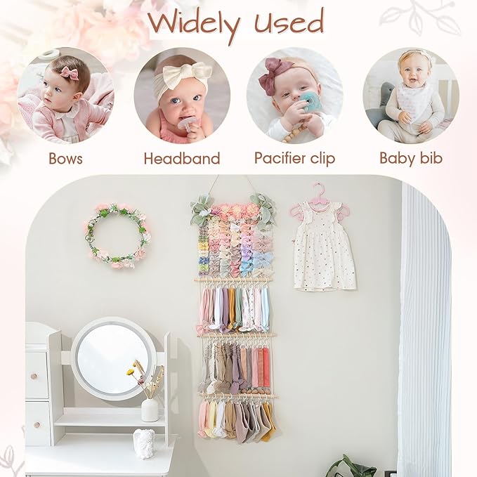 POVETIRE Headband Holder Hair Bows Organizer for Girls, Hair Accessories Display Storage Wall Hanging Decor for Baby Nursery Toddler Girls Room
