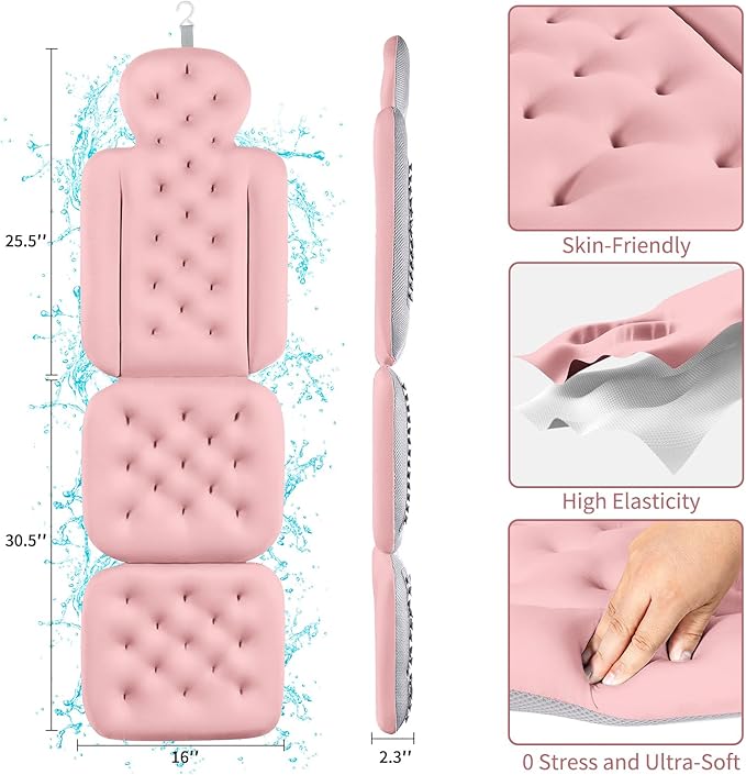 Bath Cushion, Full Body Bathtub Pillow with 160 Suction Cups, Bath Mat for Head and Neck Support, with Laundry Bag (Light Pink, 56" x 16")