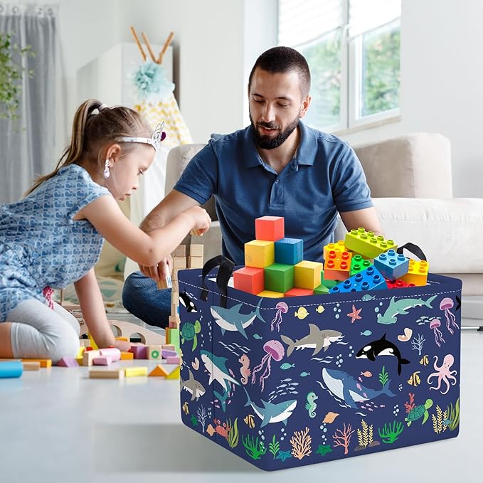 Clastyle Fish Sea Turtle Baby Basket Ocean Coral Seaweed Starfish Toy Book Shelf Basket Waterproof Pool Toy Beach Towel Storage Bin Large Dirty Clothes Laundry Hamper, Whales, 40*30*30 cm