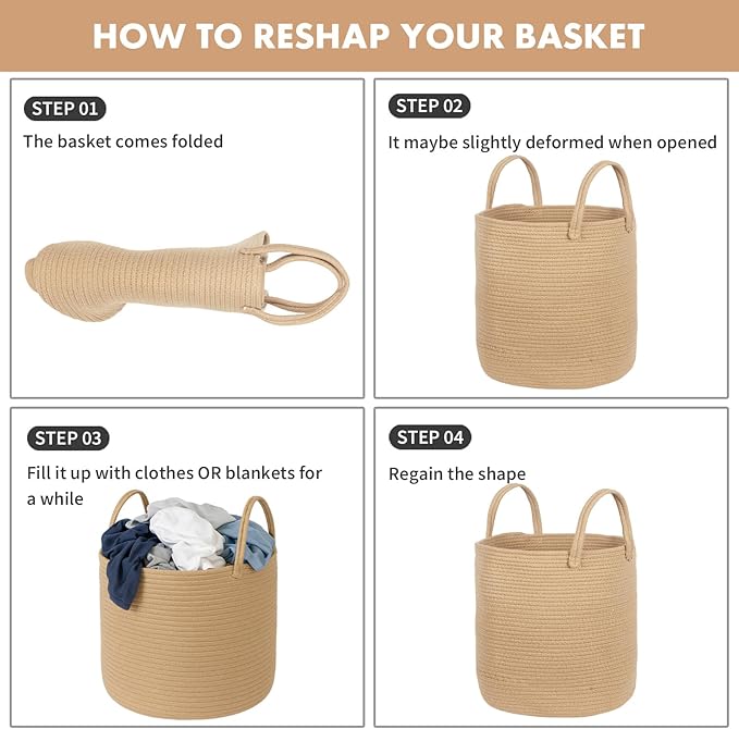 ShellKingdom Laundry Basket, Large Natural Rope Woven Storage Basket with Handles for Home, Living Room, Laundry, Storage Organizer for Blankets, Clothes, Plant, Toys, 15.7 x 13.8 INCH (Jute)