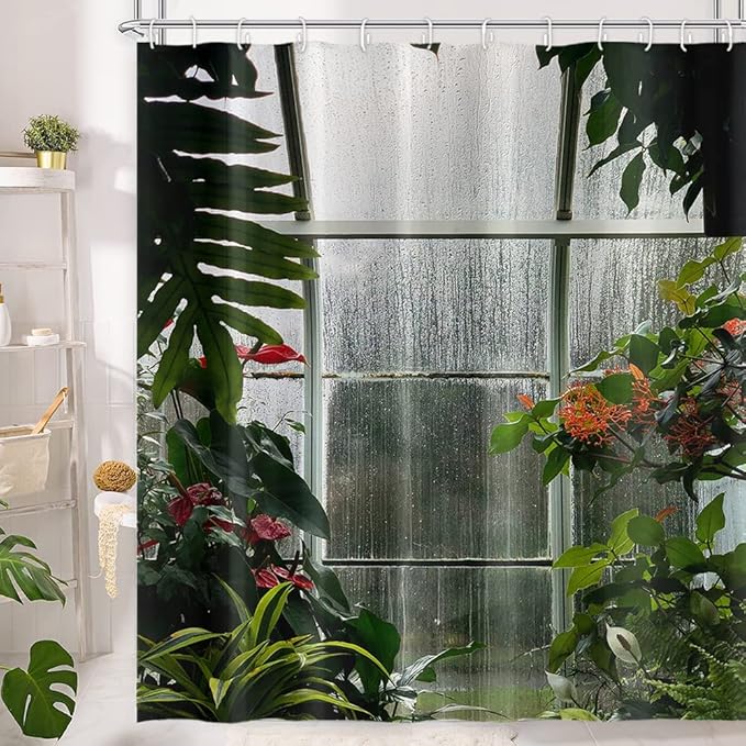 Greenhouse Flower Room Shower Curtains Spring Glass Flowers Green Plants Interior Garden Scenic Machine Washable Fabric Bathroom Curtains Set with Hooks, 72.00" x 72.00"