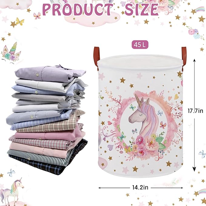 Unicorn Baby Girl Laundry Hamper, Unicorn Room Decor Kids Basket,Rainbow Toddler Storage Toy Box,Cute Clothes Book Toy Bin for Bedroom Bathroom (Pink)