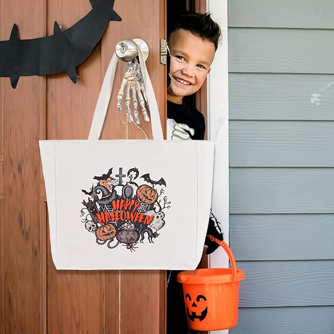 Halloween Basket Tote Bag Set of 2Candy Ice Basket Trick for Treat Bags Tote with Ornament for Candy Party Accessory (White & Pumpkin)