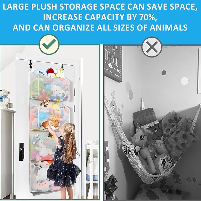 Toread Upgraded Over the Door Stuffed Animal Organizer – Adjustable No-Damage Hooks, 3D Design with 50% More Capacity, for Plushies, Stuffed Animals & Toy Storage