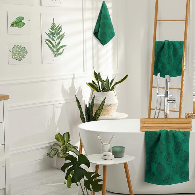 2pcs Monstera Leaves Hand Towels for Bathroom 100% Cotton Jacquard Weave Bath Towel Absorbent Dish Washcloth for Bathroom Kitchen Beach Summer Plant Gifts 13.8 x 29.5 Inch (Dark Green)