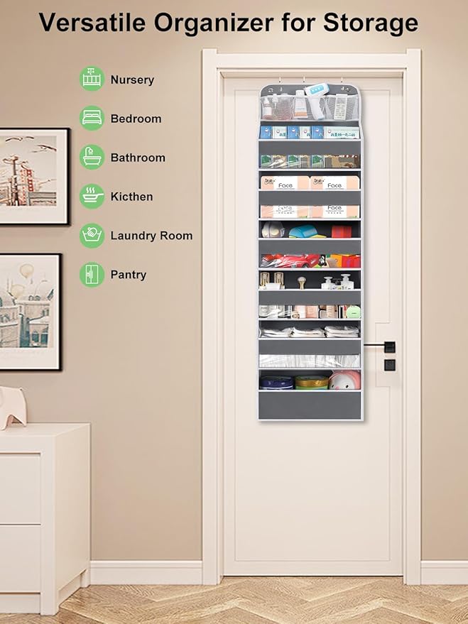 Over the Door Organizer 7 Tiers - 55lb Heavy Duty Door Hanging Organizer, No Tilt Behind Door Storage for Bedroom/Bathroom/Closet/Nursery/Shoe Storage, Grey, 1 Pack