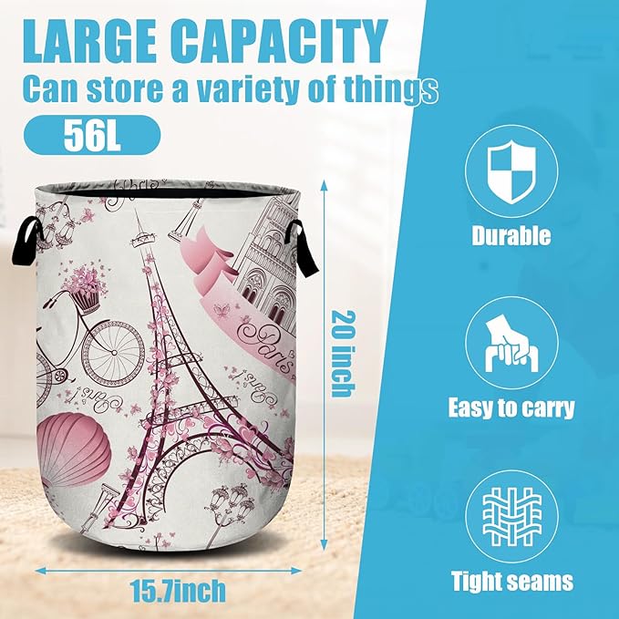 Romantic Paris Eiffel Tower Laundry Basket, Laundry Hamper Collapsible Oxford Cloth with Handle Clothes Toy Storage Bin for Bathroom Laundry Room Bedroom 15.7 X 20 Inch