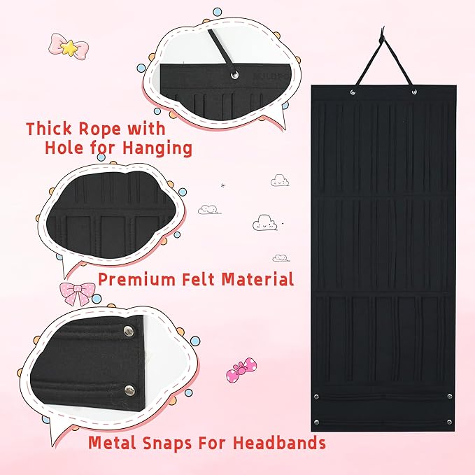 Hair Bow Organizer for Girls, Baby Hair Clips Holder Wall Hanging, Large Felt Bow Storage Display for Girls Hair Bows & Claw Clips, Ribbons, Headbands – Nursery Room Decor (Black)