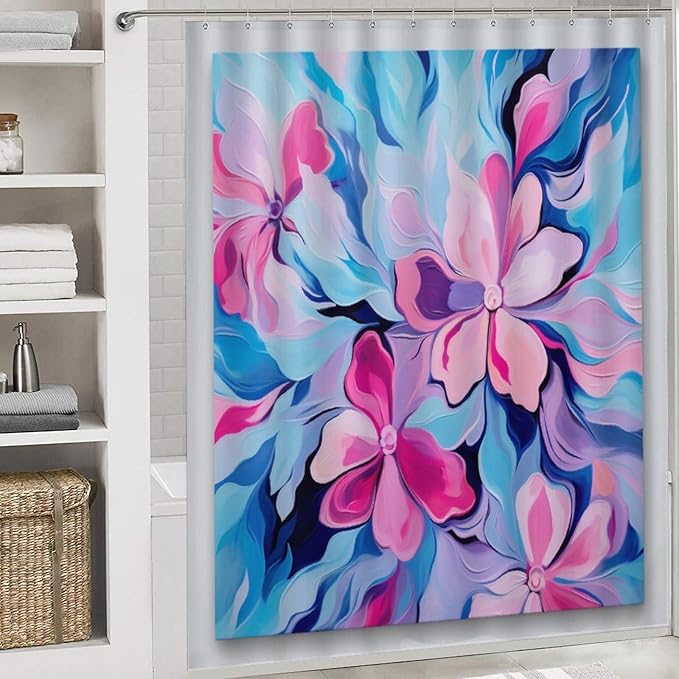 4 Piece Shower Curtain Sets Colorful Modern Floral Abstract Art Pink Blue with Non-Slip Rugs Toilet Lid Cover and Bath Mat Bathroom Decor Set Modern Abstract Art Painting 12 Hooks for Bathroom Decor