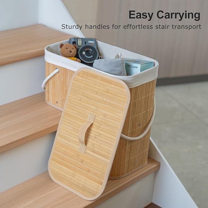 Stair Basket with Lid & Handle – Staircase Storage Basket for Wooden & Carpeted Stairs, Foldable Step Baskets for Stairs, Bamboo Storage Bin Organizer for Toys, shoes & Books (Natural Bamboo)