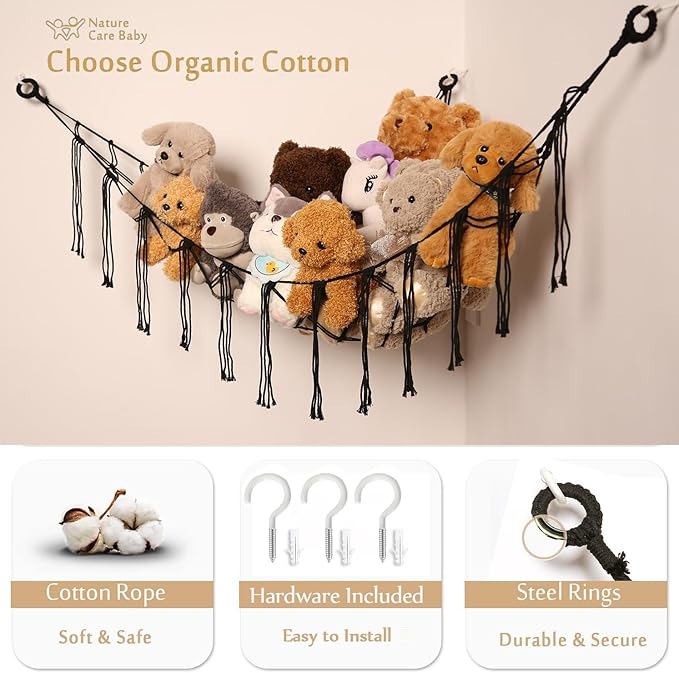 Stuffed Animals Hammock Corner Hanging Net with Tassel Macrame Stuffed Animal Storage Plush Toy Holder Toy Organizer for Boho Nursery Playroom Bedroom Kids Room Decor (black, Large)