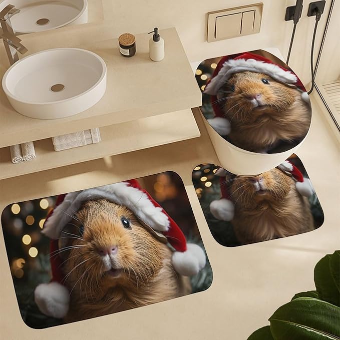 4 Piece Shower Curtain Sets Pet Guinea Pig Wear Red Santa Hat with Non-Slip Rugs Toilet Lid Cover and Bath Mat Funny Farmhouse Animal Guinea Pig Piggy Bathroom Decor Set with Accessories