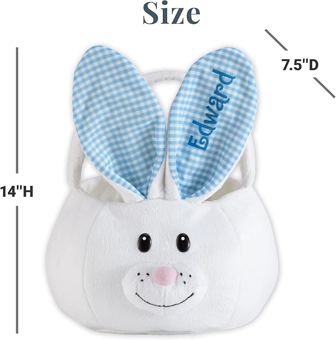Let's Make Memories Personalized Easter Basket for Kids - Custom - For Boys and Girls - Fillable - With Optional Easter Basket Stuffers - Plush Bunny with Blue Gingham Ears
