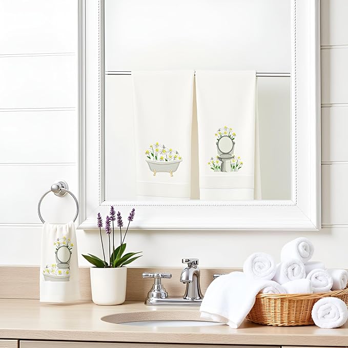 2pcs White Daisy Hand Towels for Bathroom Decorative Towels Set 100% Cotton Cute Embroidered Spring Summer Floral Bath Towels Dish Kitchen Towels Farmhouse Bathroom Decor Gift(White Daisy)