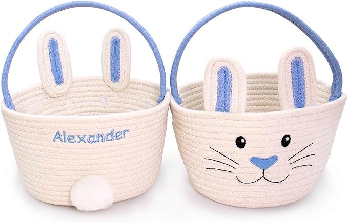 Personalized Easter Bunny Rope Basket (Blue)