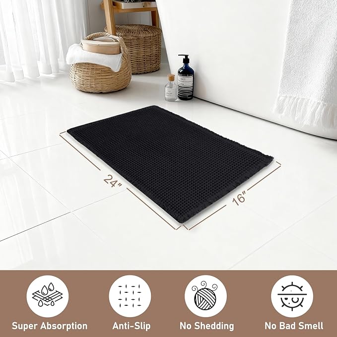 Hiasan Waffle Bath Mat, Super Absorbent Non Slip Bathroom Boho Rug with Tassels, Machine Washable Bath Mats for Bathroom, Ultra Soft Rubber Backed Rug, Black, 16 x 24 Inches