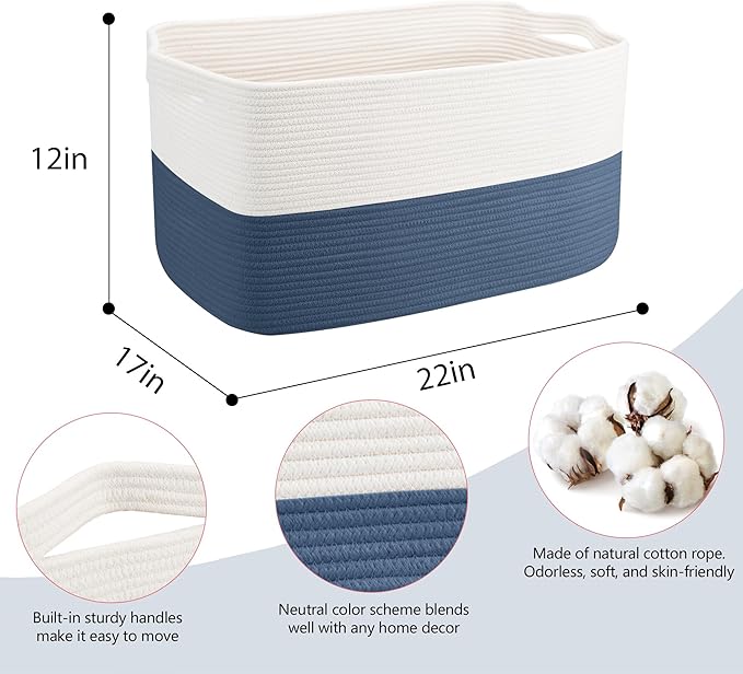 Extra Large Rope Basket, 22" x 17" x 12" Woven Stuffed Animals Storage Bin, Kids Dog Stuff Toy Box Organizer, Living Room Nursery Organization, Big Basket Container for Blankets Clothes