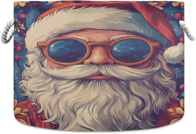 Blanket Storage Basket for Living Room - Hippie Santa Claus Large 20"x20"x14" Cotton Rope Handles Laundry Basket, Foldable for Toy Storage, Blanket Basket