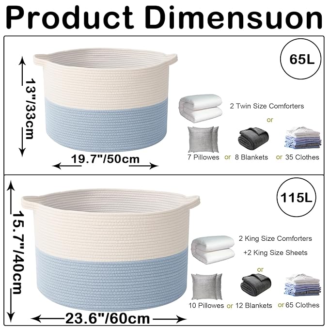 115L Large Blanket Basket,23.6" L x 23.6" W x 15.7" H Rope Woven Baskets with Handles, Toys Storage Bins,Laundry Basket Perfect for Living Room, Nursery,Bedroom,Home Organization,White&Blue