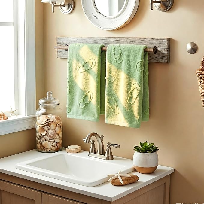 2 Pcs Flip Flops Hand Towels for Bathroom 100% Cotton Jacquard Weave Hand Towels Light Green Soft Absorbent for Spring Summer Home Bathroom Kitchen Decor, 29.5 x 13.8 Inch