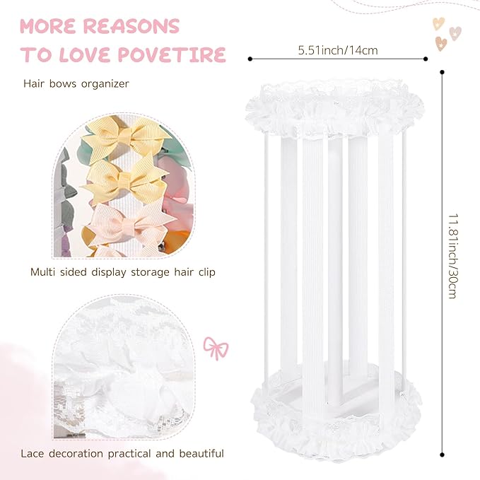 POVETIRE Bow Holder for Girls Hair Bows,360 Rotation White Hair Bow Organizer, Hair Clips Stand Hair Accessories Rack Display Decors Baby Nursery Toddler Girls Room