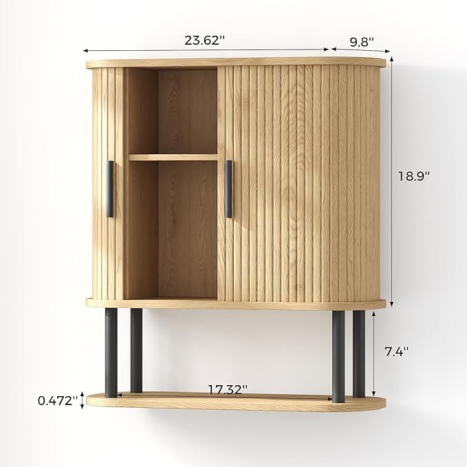 Bathroom Wall Cabinet, Over The Toilet Cabinet with Sliding Doors and Adjustable Shelf, Space Saver, Wall Mounted Medicine Cabinet for Laundry Room & Kitchen & Living Room, Natural