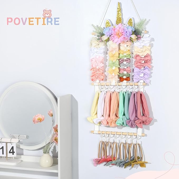 POVETIRE Headband Holder Bows Organizer for Girls, Unicorn Baby Bow Holder Hair Accessories Organizer Storage Wall Hanging for Toddler Room Nursery Decor