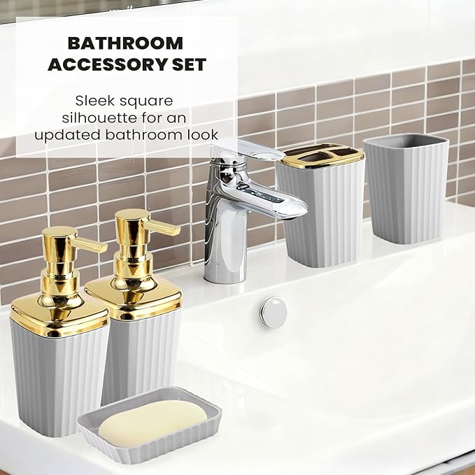 9-Piece Light Gray Bathroom Set with Slim Trash Can Press Top Lid, Modern Bathroom Accessories Sets with Toilet Brush, Soap Dispenser, Toothbrush Set, Soap Dish & Apothecary Jars