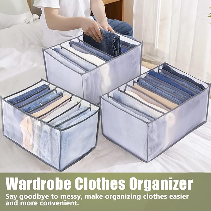 TOOVREN Drawer Organizers for Clothing 6PCS, Wardrobe Clothes Organizer, Dresser Drawer Organizer Clothes Jeans Storage Socks Underwear Organizer (Shirt+Jeans+T-Shirt+Bra+Underwear+Socks Grids, Gray)