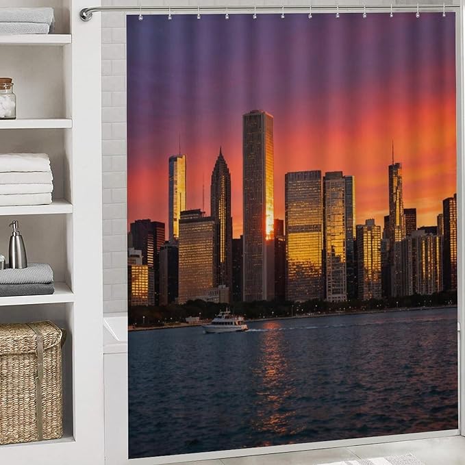 4 Piece Bathroom Rug Set with Shower Curtain, Non-Slip Bath Mat Toilet Cover Set, Skyline Bathroom Rug Sets
