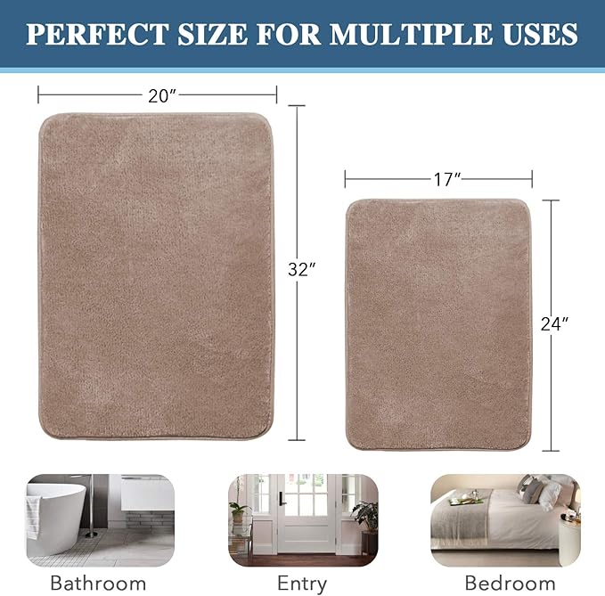 H.VERSAILTEX Bath Mat Memory Foam Set Bathroom Rug Set Flannel Velvety Bath Mat Luxury Extra Soft and Absorbent Non Slip Rugs for Bathroom/Bedroom Washable(2 Pack- 20"x 32"/ 17"x 24", Taupe)