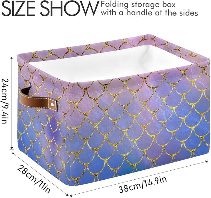 Rectangular Storage Bin Colorful Mermaid Fish Scales Basket with Handles - Toy Bins Laundry Storage Basket for Kids Toy Pets Room Closet