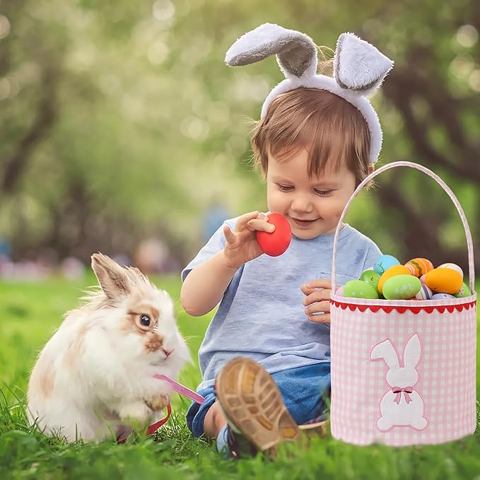 DYSHAYEN Bunny Easter Basket, Gingham Empty Easter Bucket with Handle for Easter Egg Hunts Party Favor Decorations (Pink)