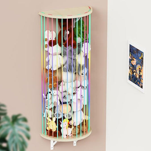 Stuffed Animal Storage Hammock Wooden Half Circle Design Wall Hanging Plush Toy Organizer for Kids Room Decor, Plush Net Hammock Playroom Nursery Stuffed Animal Corner Net Shelf