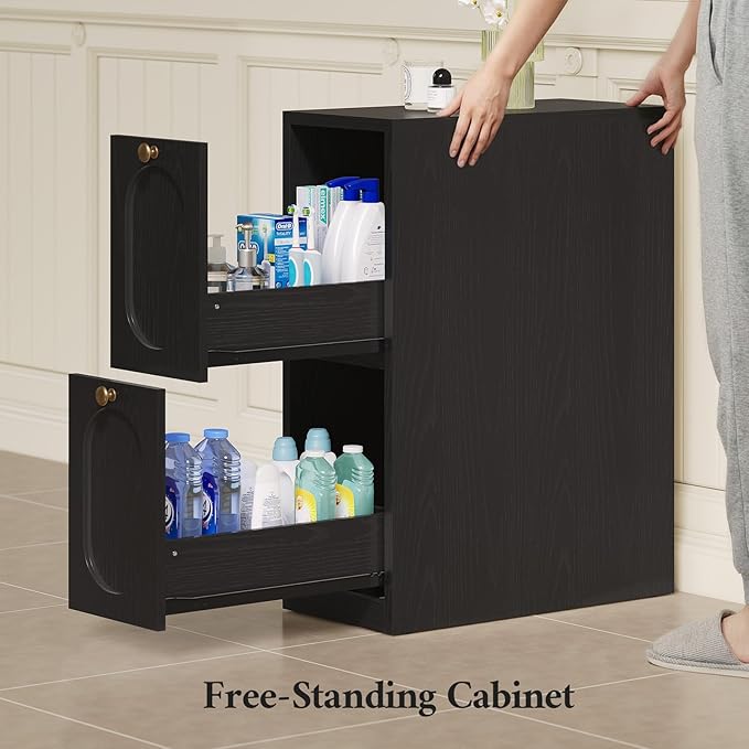 Over The Toilet Storage Cabinet with Free-Standing Cabinet & Towel Holder, Bathroom Storage Cabinet with 4 Section Drawers, Adjustable Shelves & Paper Holder for Bathroom, Laundry Room, Black