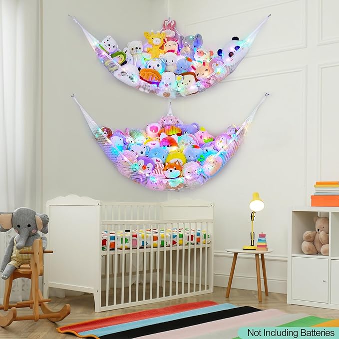 Unicorn Castle Stuffed Animals Net or Hammock Kids Toy Storage Organizer with LED Light Hanging Corner Stuffed Animals Holder Kids Girls Room Decor,White,Large (Pack of 2)