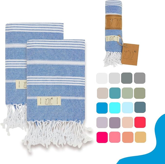 Hand Towels - Set of 2, 18" x 30" inches, Decorative Peshtemal Cotton Hand Towels for Kitchen, Bath, Guest, Face, Hair, Gym, Yoga, Dishcloth, Travel (Royal)