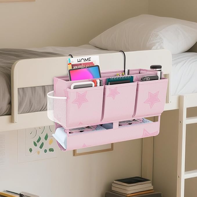 Bedside Caddy Bedside Organizer, Bed Storage Caddy with 7 Pockets, College Dorm Rooms Bag for Bunk, Home, Dorm, Hospital, Crib Bed(Pink)