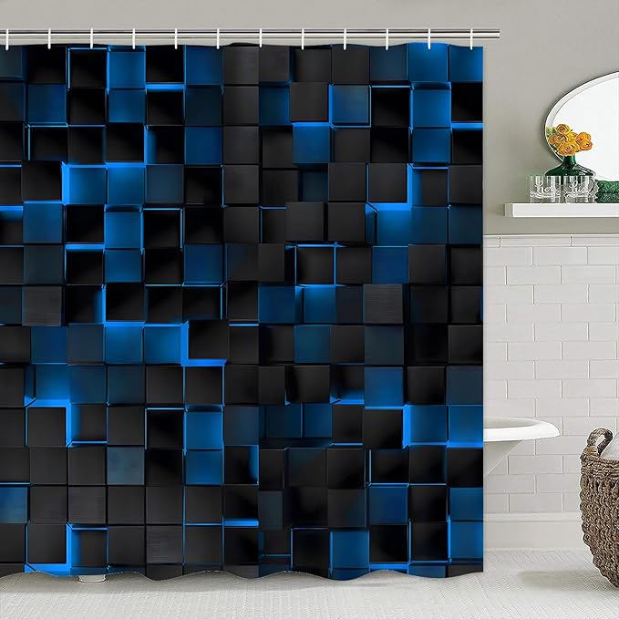 4Pcs Blue Shower Curtain Set 3D Cubes Bathroom Sets Modern Shower Curtain Set for Bathroom Sets with Rugs Black and Blue Shower Curtain with 12 Hooks