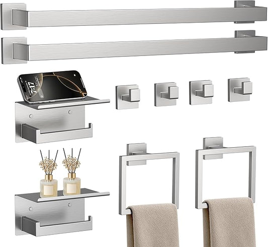 10-Piece 23.6 Inch Brushed Nickel Bathroom Accessories Set, Bathroom Hardware Set, SUS304 Stainless Steel Bath Towel Bar Set, Toilet Paper Holder with Shelf, Towel Hooks & Ring Wall Mounted