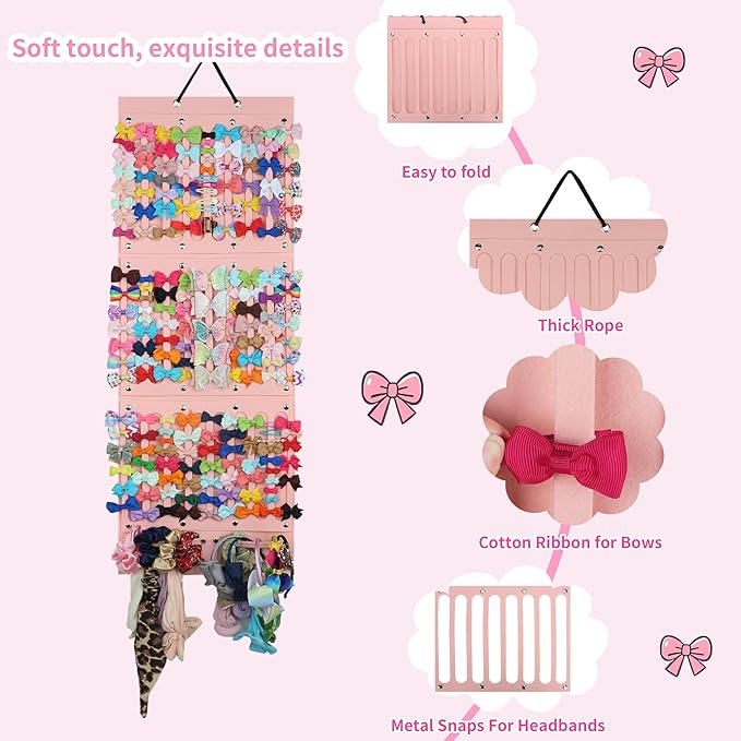 PACMAXI Baby Girl Hair Bows Holder, Hair Clips Storage Hanger For Ribbons, Hair Bows Organizer, Baby Hair Clip Storage Display Sturdy Stand, Wall Hanging for Girl Room (Pink 2, Large)