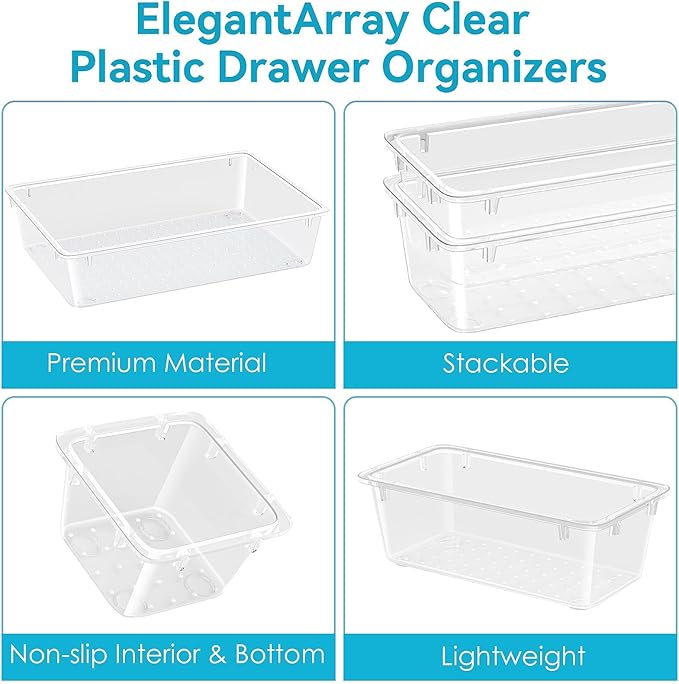 36 PCS Drawer Organizer Set, 4 Sizes Tool Storage Trays, Clear Plastic Makeup Vanity Organizer and Storage Bins for Makeup, Stationeries, Multiple Gadgets for Bathroom, Office, Bedroom