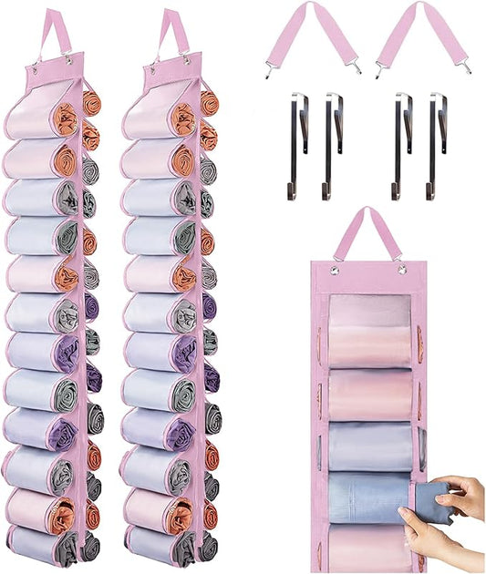 Legging Organizer Storage, 2PCS T Shirt Organizer, Foldable Hanging Closet Organizer Storage with 26 Roll Independent Compartments for Yoga Pants, Tank Top, Towel, Underwear (Pink)